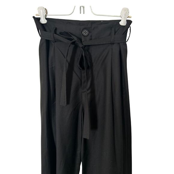 OAK NYC High Waist Wool Pleated Trousers – Black Pants w/ Belt Detail, Size M - Picture 2 of 7